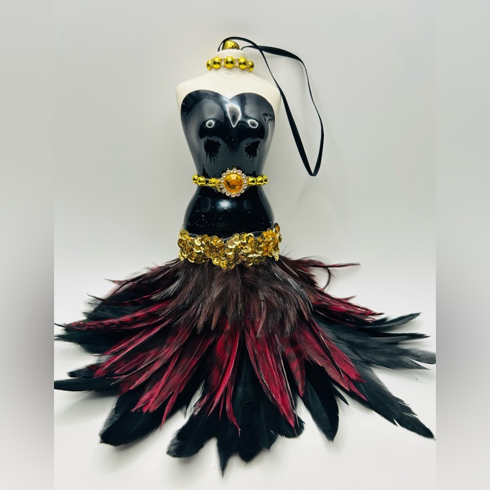 Couture Black and Red Feathered Dress Figurine ornament.